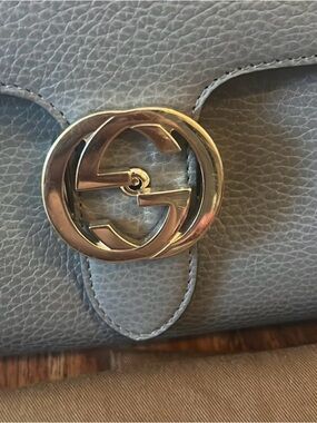 Gucci Gray Leather Shoulder Bag with Double G Gold Hardware